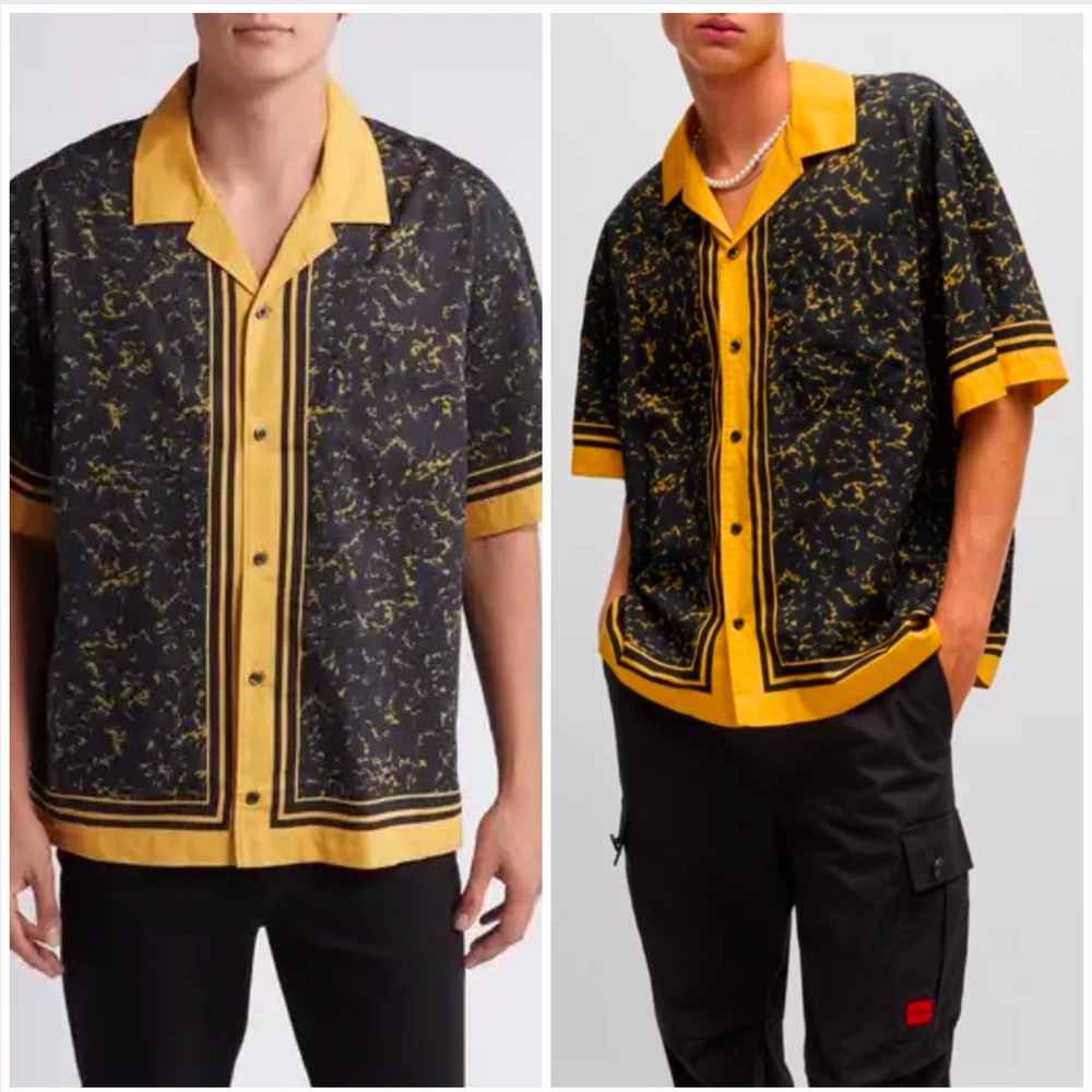 Hugo Boss NWT! Oversize-Fit Button-Up Shirt Printed Cotton Blend In Gold/Black